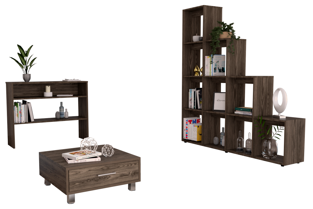 Biblioteca Escalera + Arrimo + Mesa de Centro Beijing Color Coñac y Blanco Para Sala De Estar